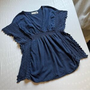 Seaspice navy blue garment dyed lace trim‎ sleeveless blouse